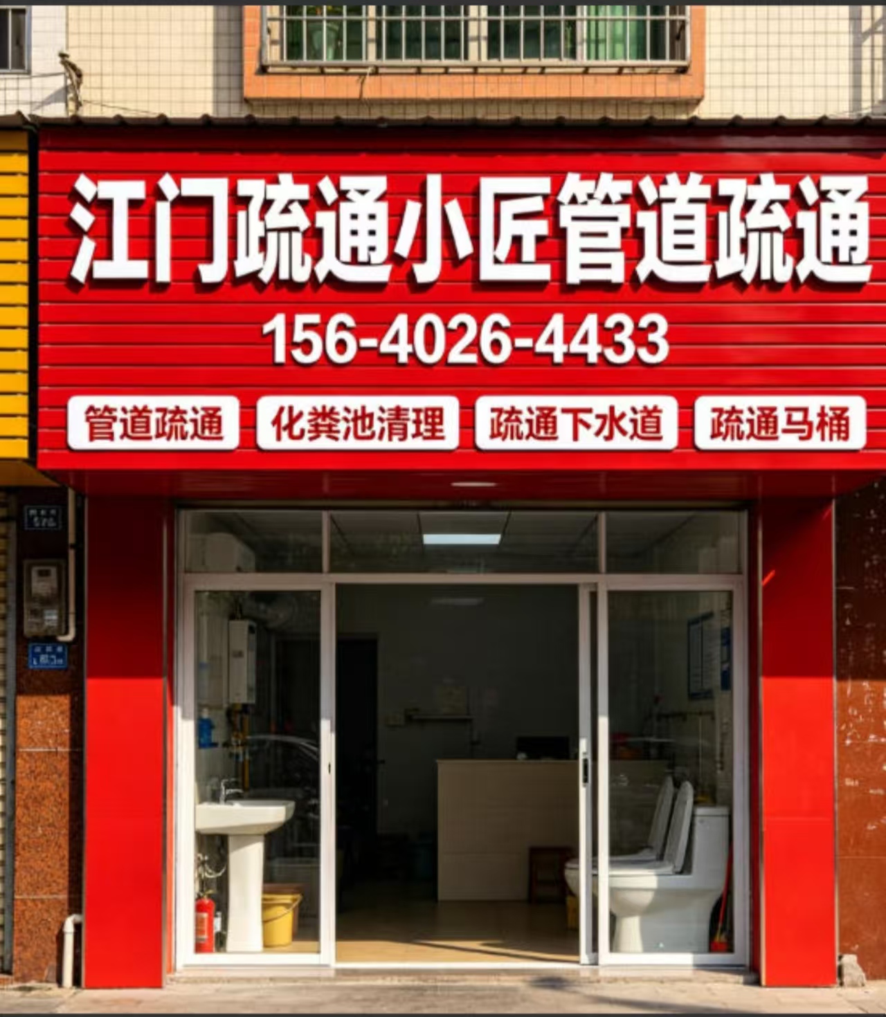 江门疏通小匠管道疏通门头实拍,电话156-4026-4433